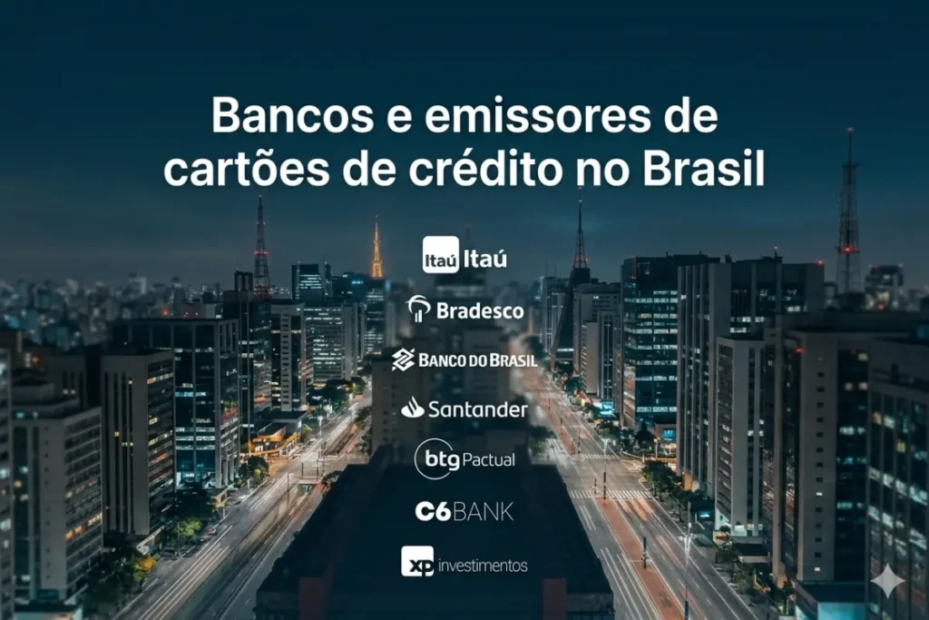 Bancos emissores de cartões de crédito no Brasil como Itaú, Bradesco, Santander, BTG e C6 Bank