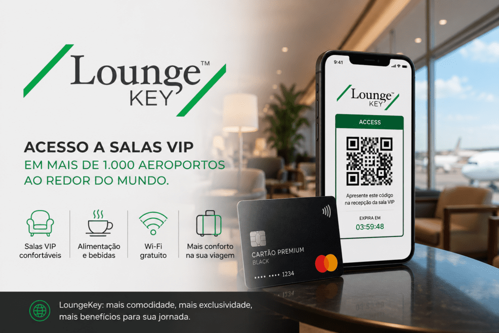 LoungeKey oferecendo acesso a salas VIP de aeroportos por meio de cartões premium e QR Code digital