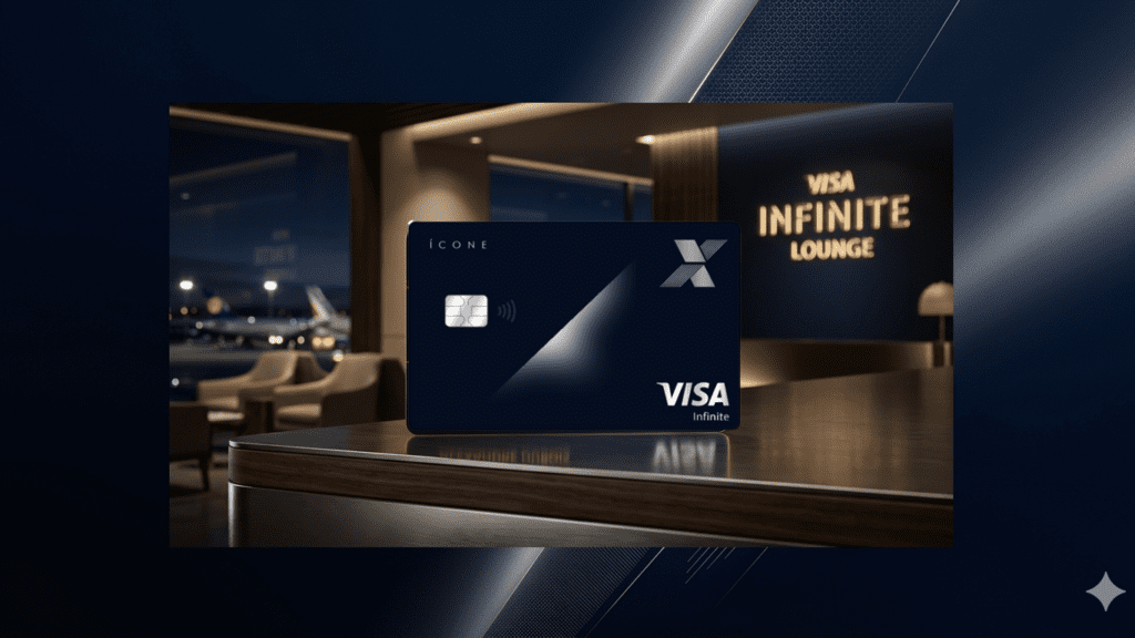 Cartão Caixa Ícone Visa Infinite em ambiente premium de sala VIP internacional Visa Infinite Lounge