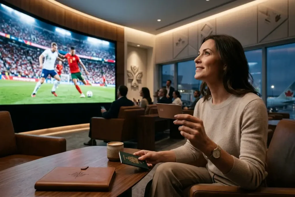 Mulher em sala VIP de aeroporto assistindo futebol durante a Copa do Mundo 2026 usando cartão de crédito premium