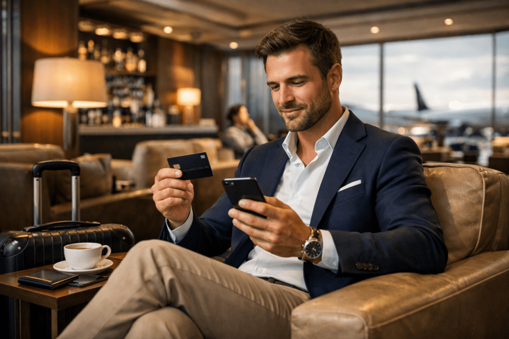 Viajante utilizando cartão premium e smartphone em sala VIP de aeroporto com acesso pelo LoungeKey