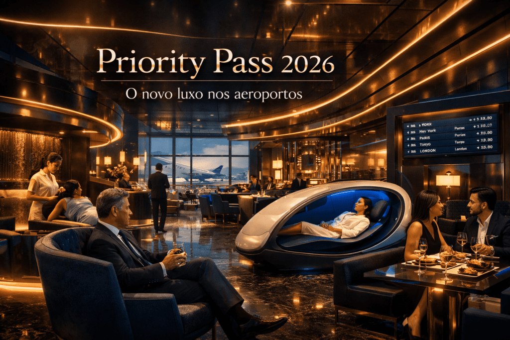 Lounge premium do Priority Pass 2026 com experiência de luxo em aeroporto internacional, incluindo spa, gastronomia e cápsulas de descanso.