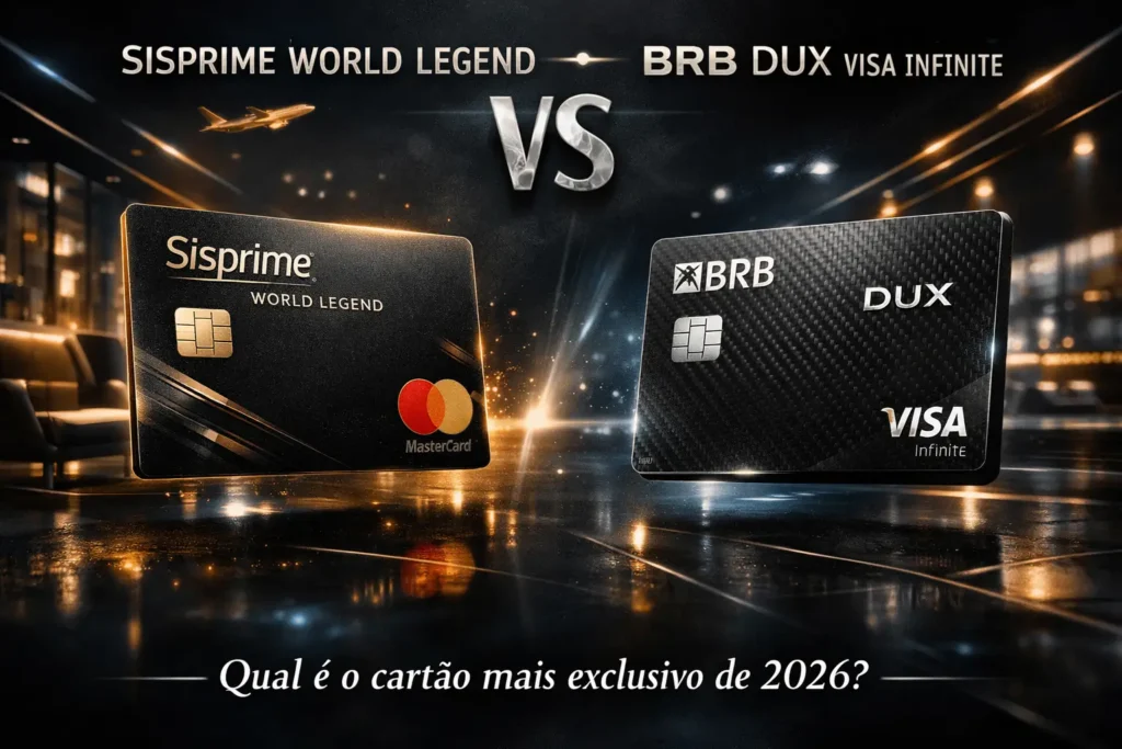 Comparativo entre Sisprime World Legend Mastercard e BRB DUX Visa Infinite em 2026 destacando benefícios premium, salas VIP e exclusividade.