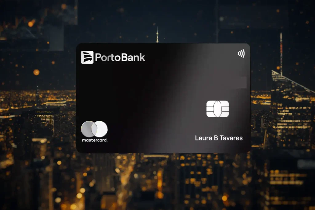 Porto Bank Mastercard Black com fundo urbano premium representando benefícios, salas VIP e vantagens para clientes de alta renda em 2026.