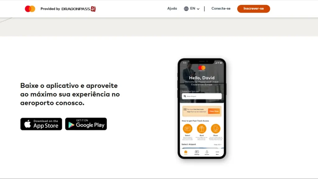 Aplicativo Mastercard Travel Experiences disponível para Android e iPhone, permitindo localizar salas VIP, Fast Track, restaurantes e benefícios de viagem em aeroportos.