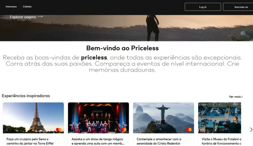 Página da plataforma Priceless Mastercard com experiências exclusivas em viagens, gastronomia, cultura, esportes e entretenimento para portadores de cartões Mastercard Black.