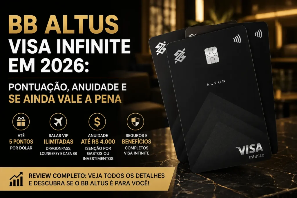Cartão BB Altus Visa Infinite em metal com destaque para pontuação de até 5 pontos por dólar, salas VIP ilimitadas, benefícios Visa Infinite e análise completa sobre anuidade e custo-benefício em 2026.