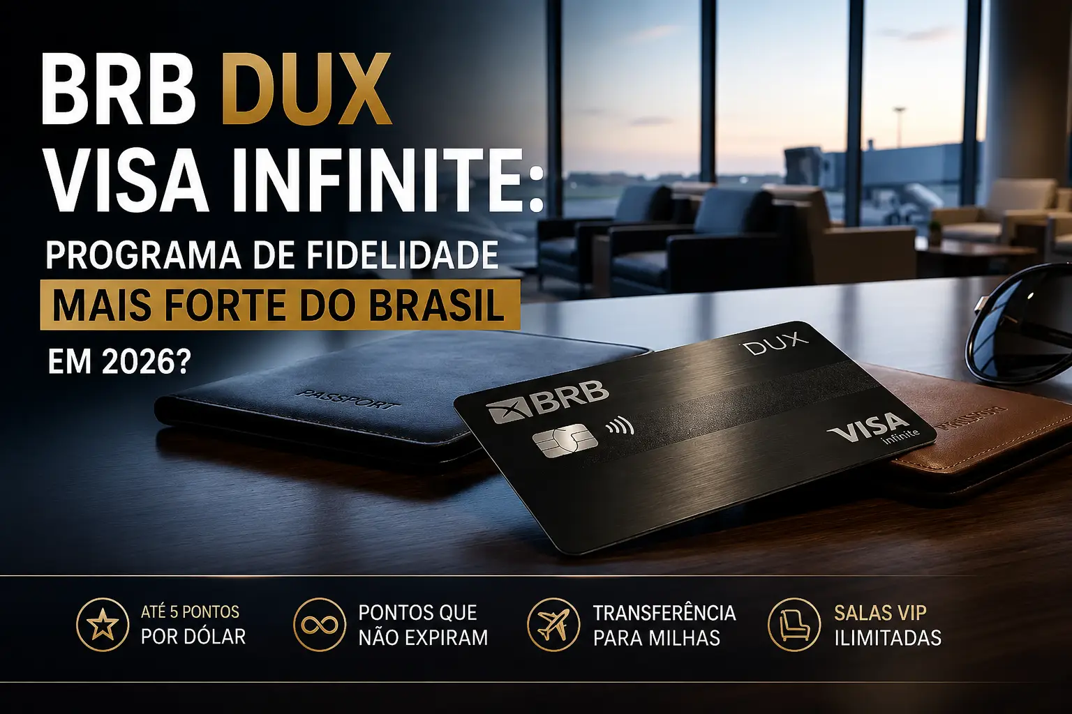 Cartão BRB DUX Visa Infinite em uma sala VIP de aeroporto destacando até 5 pontos por dólar, pontos que não expiram, transferência para programas de milhas e acesso a salas VIP ilimitadas em 2026.