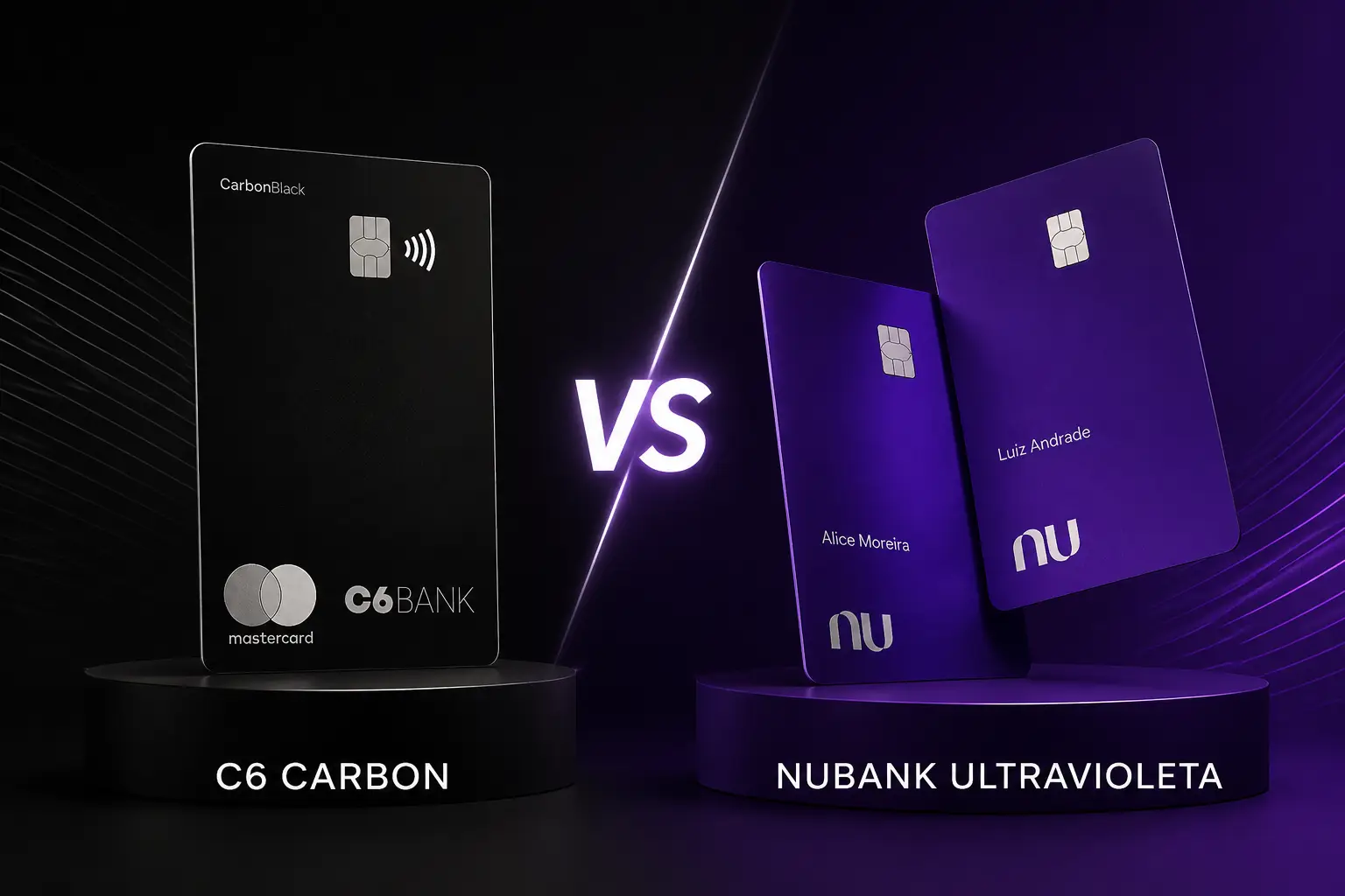 C6 Carbon Mastercard Black e Nubank Ultravioleta Mastercard Black em comparativo de benefícios, limite de crédito, cashback, pontos e salas VIP em 2026.