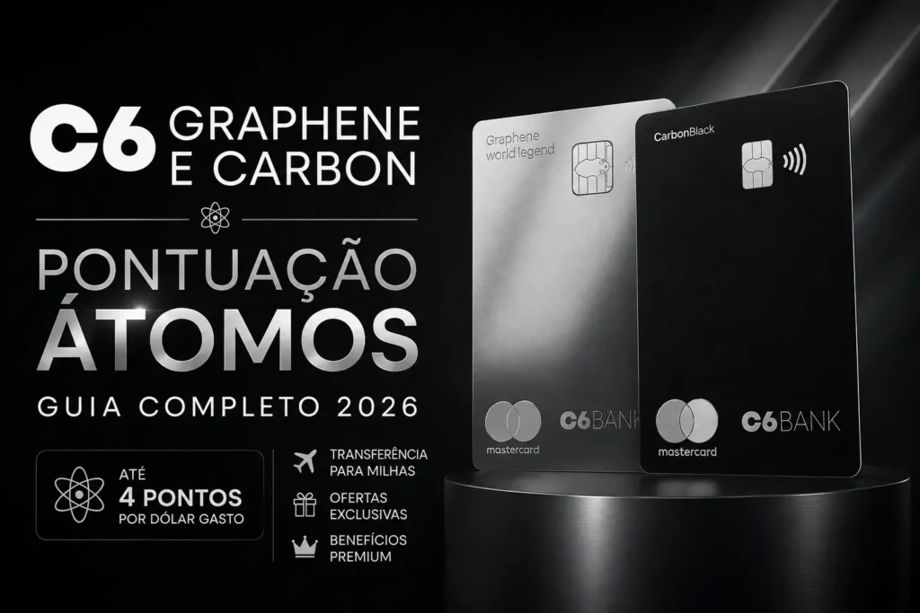 C6 Graphene e C6 Carbon com destaque para a pontuação do Programa Átomos em 2026, comparando os cartões premium do C6 Bank e o acúmulo de até 4 pontos por dólar gasto.