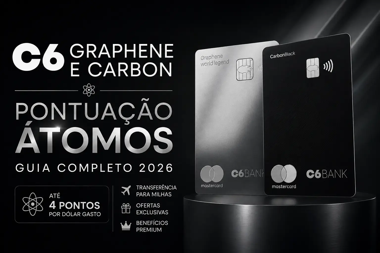 C6 Graphene e C6 Carbon com destaque para a pontuação do Programa Átomos em 2026, comparando os cartões premium do C6 Bank e o acúmulo de até 4 pontos por dólar gasto.