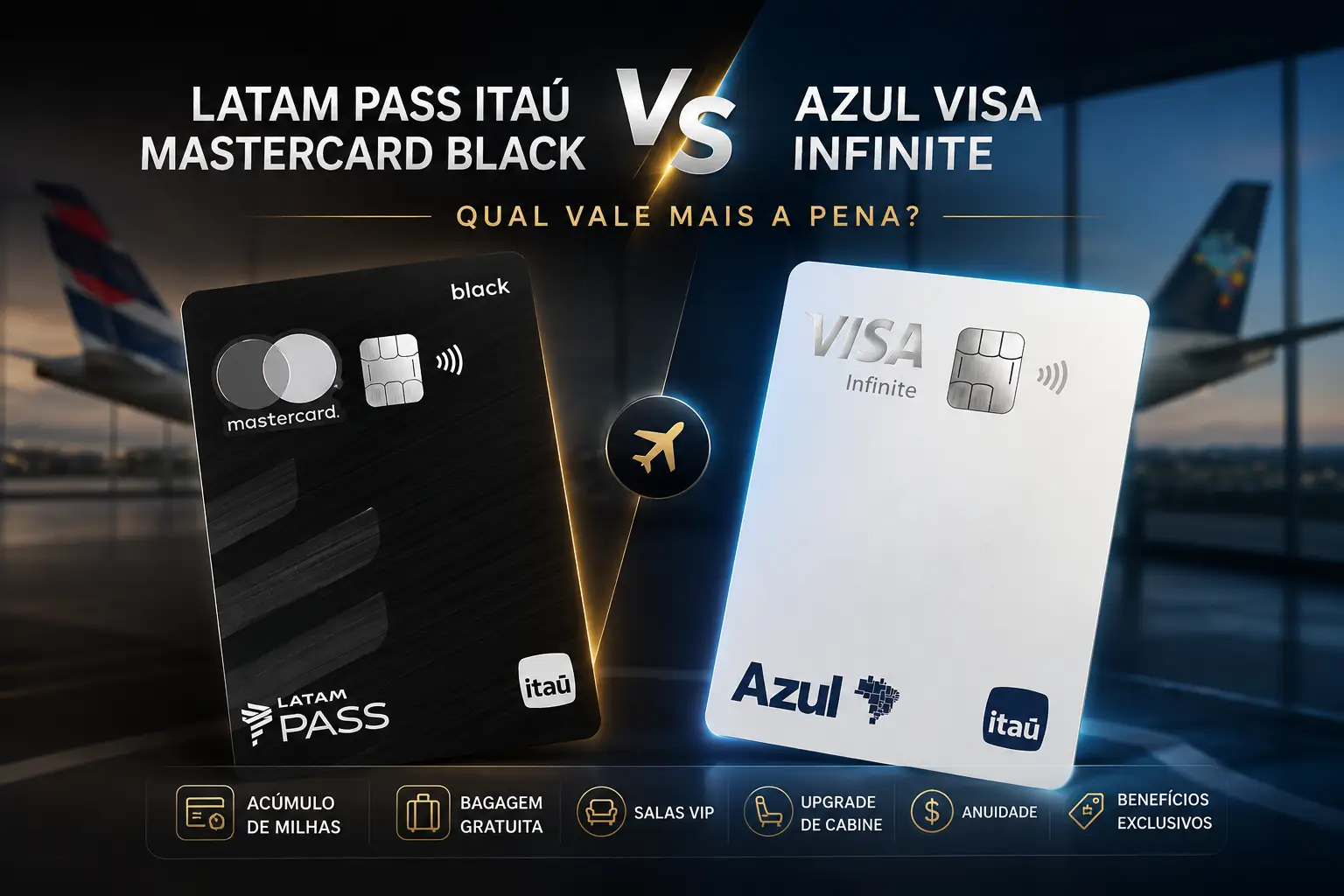 LATAM Pass Itaú Mastercard Black e Azul Visa Infinite em comparativo de benefícios, milhas, salas VIP e viagens em 2026.