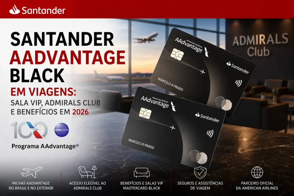 Santander AAdvantage Black em viagens com sala VIP, Admirals Club, milhas AAdvantage e benefícios Mastercard Black em 2026