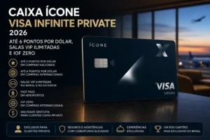 CAIXA Ícone Visa Infinite Private 2026 com benefícios de até 6 pontos por dólar, salas VIP ilimitadas, Fast Pass e IOF zero.