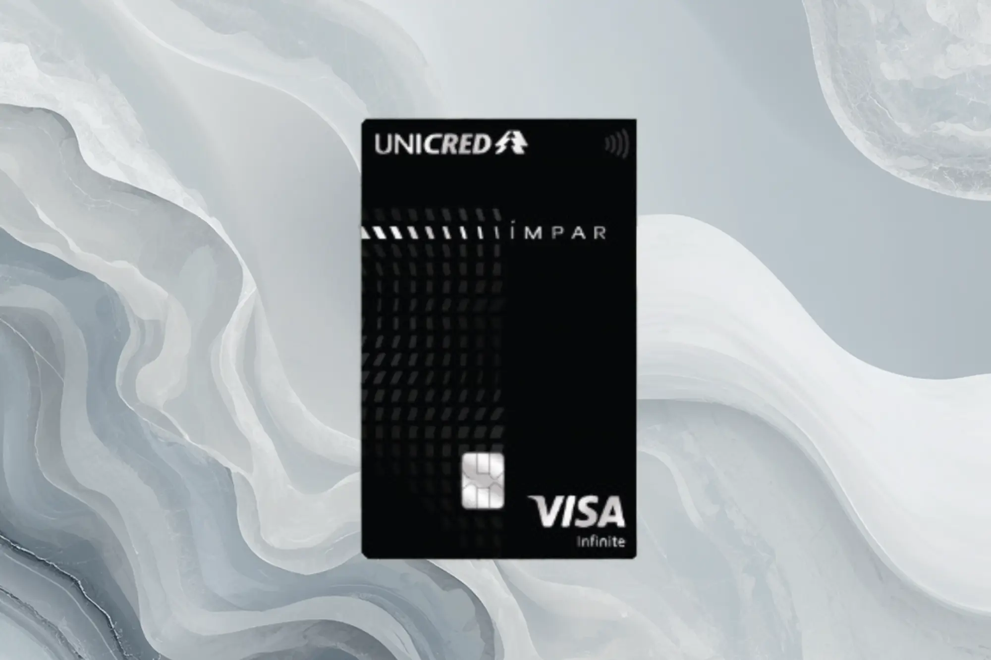 Cartão Unicred Ímpar Visa Infinite preto metálico com fundo premium cinza claro