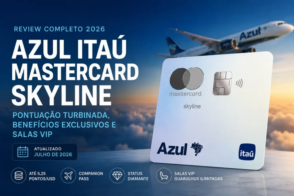 Cartão Azul Itaú Mastercard Skyline em destaque com avião da Azul ao fundo, mostrando benefícios como pontuação de até 5,25 pontos por dólar, Status Diamante, Companion Pass e acesso às salas VIP em 2026.