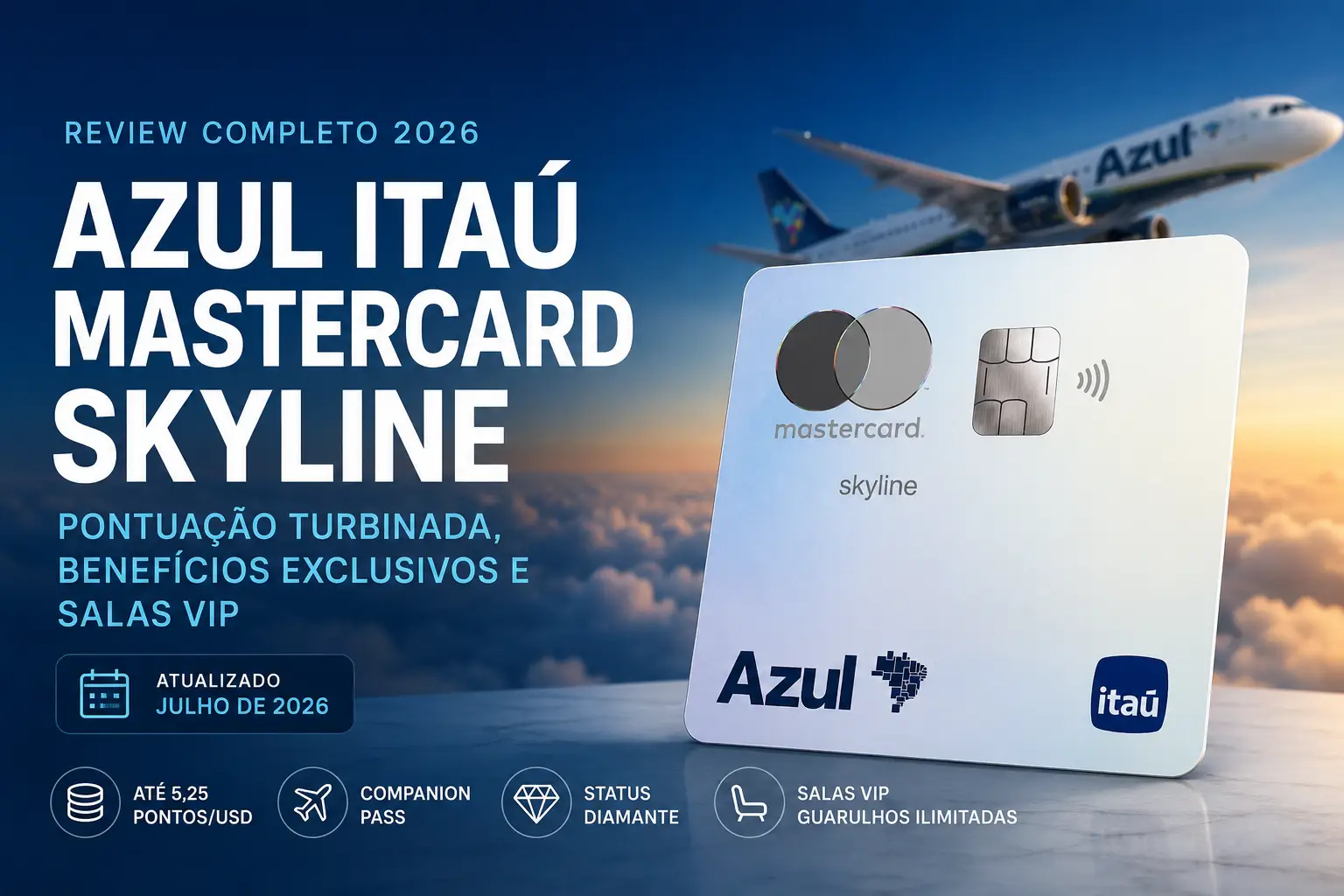 Cartão Azul Itaú Mastercard Skyline em destaque com avião da Azul ao fundo, mostrando benefícios como pontuação de até 5,25 pontos por dólar, Status Diamante, Companion Pass e acesso às salas VIP em 2026.