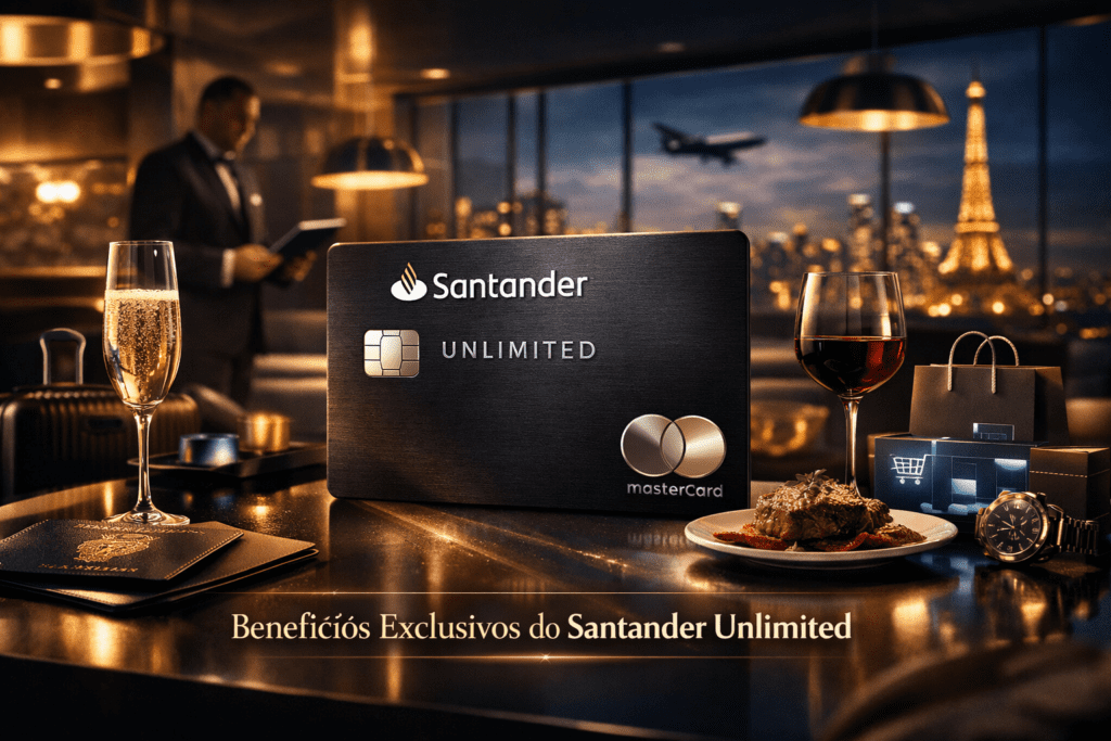Cartão Santander Unlimited Mastercard Black em ambiente premium com benefícios exclusivos, viagens internacionais e salas VIP