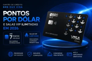 Arte em formato Instagram destacando o cartão BRB DUX Visa Infinite com fundo em tons de azul, informando que o cartão oferece até 7 pontos por dólar em compras internacionais, salas VIP ilimitadas via DragonPass, LoungeKey e Priority Pass, além de benefícios Visa Infinite.