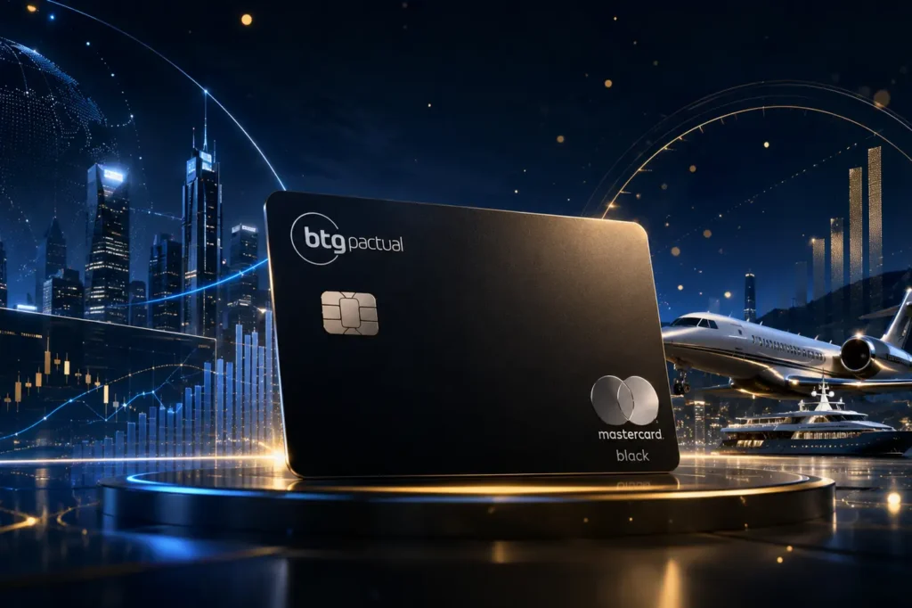 Cartão BTG Pactual Mastercard Black em destaque com fundo premium azul e dourado, representando investimentos globais, mercado financeiro, viagens internacionais e benefícios exclusivos para alta renda.