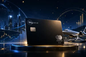 Cartão BTG Pactual Mastercard Black em destaque com fundo premium azul e dourado, representando investimentos globais, mercado financeiro, viagens internacionais e benefícios exclusivos para alta renda.