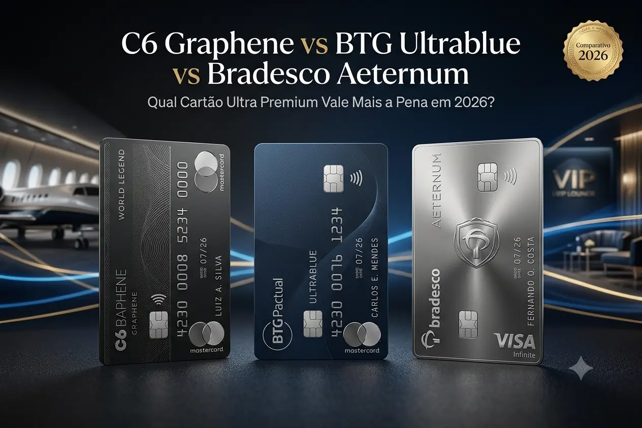 Comparativo entre os cartões C6 Graphene World Legend, BTG Pactual Ultrablue Mastercard e Bradesco Aeternum Visa Infinite em 2026.