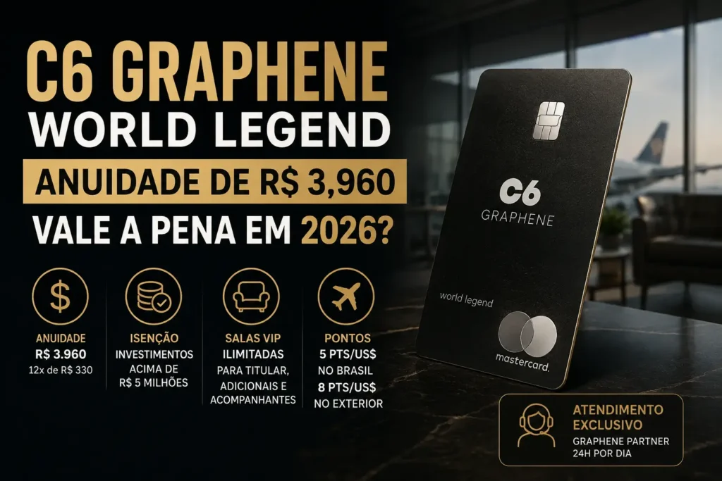 C6 Graphene World Legend com anuidade de R$ 3.960, isenção por investimentos e benefícios premium em 2026