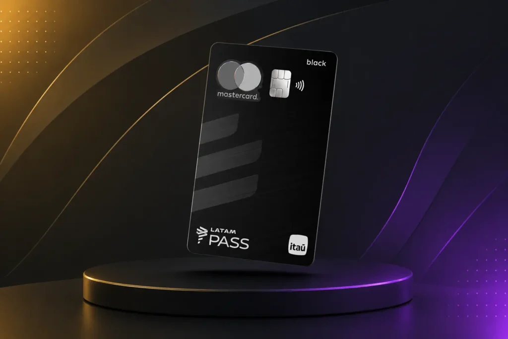 Cartão LATAM Pass Itaú Mastercard Black com destaque para benefícios de upgrade de cabine, acúmulo de milhas e acesso a salas VIP em 2026.