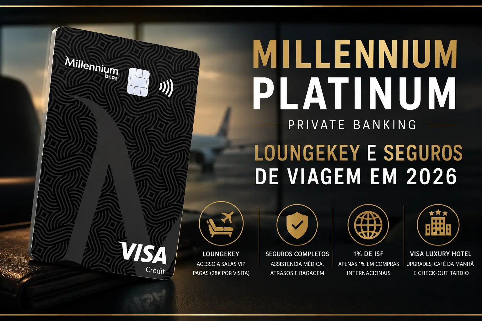 Cartão Millennium Platinum Private Banking Visa com destaque para LoungeKey, seguros de viagem, taxa internacional de 1% e benefícios premium em 2026.
