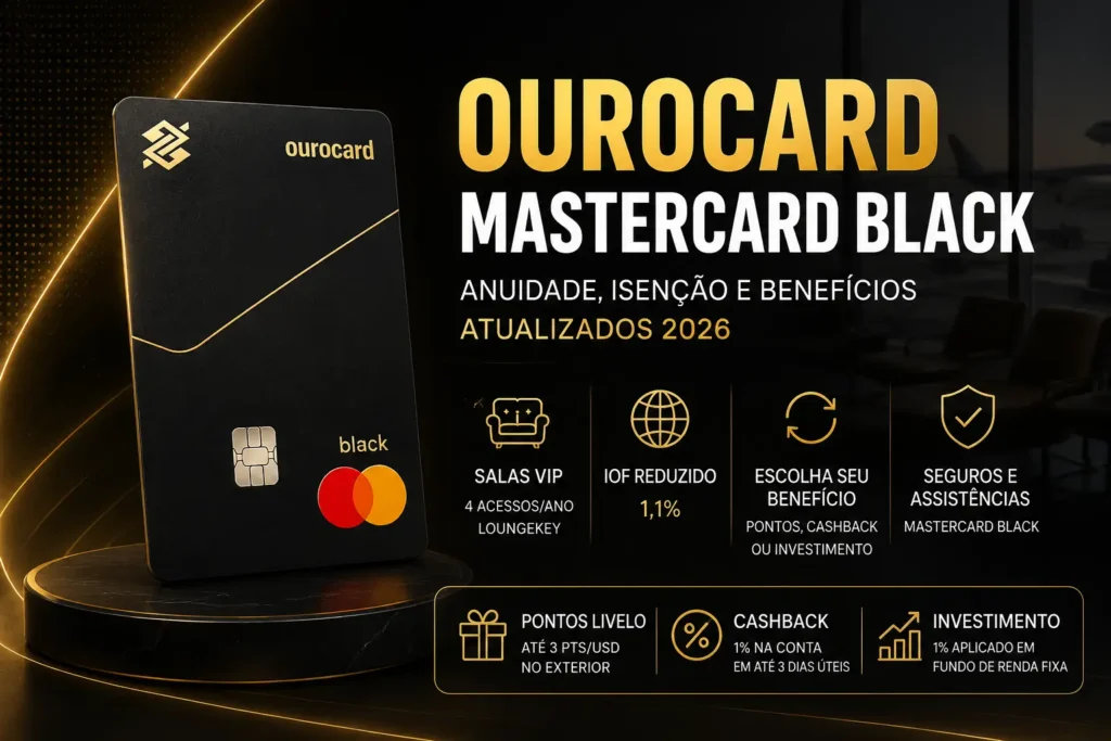 Ourocard Mastercard Black do Banco do Brasil com destaque para anuidade, isenção, pontos Livelo, cashback, IOF reduzido, salas VIP e benefícios Mastercard Black em 2026.