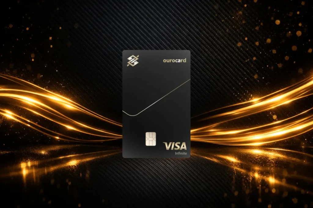 Cartão Ourocard Visa Infinite do Banco do Brasil com fundo premium preto e dourado, destacando benefícios, pontos Livelo, salas VIP e vantagens para clientes de alta renda em 2026.
