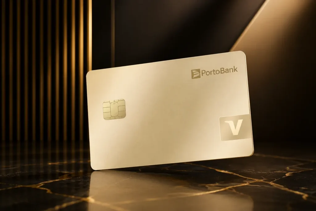 Cartão Porto Bank Visa Infinite Privilege sobre fundo premium preto com detalhes dourados, destacando o design exclusivo do cartão em 2026.