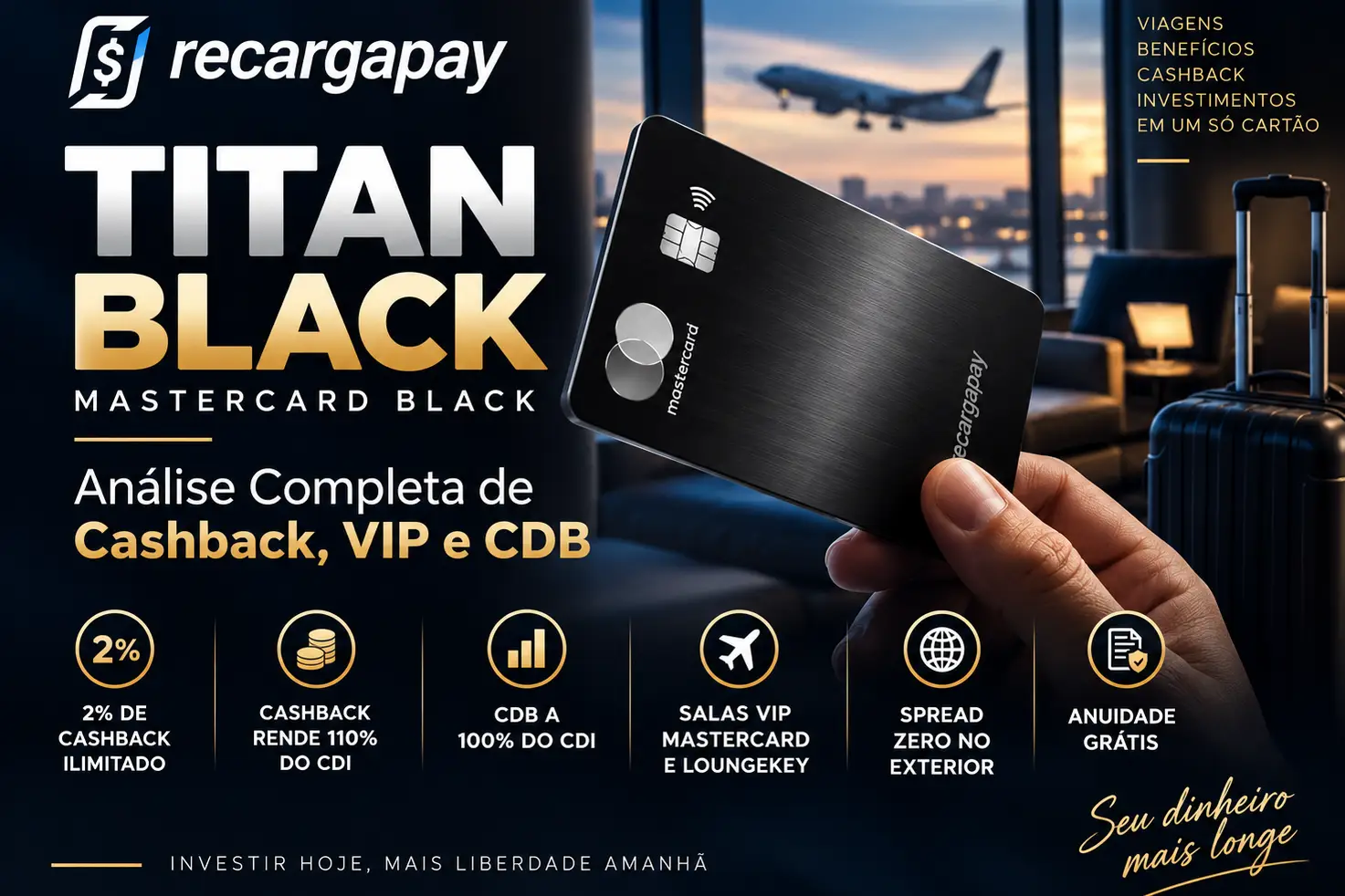RecargaPay Titan Black Mastercard com 2% de cashback, salas VIP, CDB e spread zero em 2026