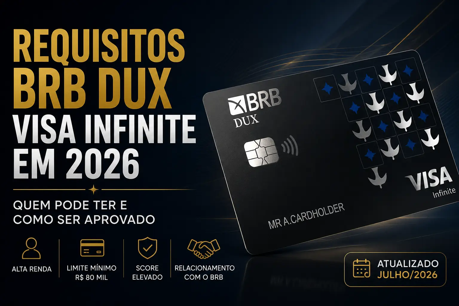 Arte destacando o cartão BRB DUX Visa Infinite com os requisitos para aprovação em 2026, incluindo limite mínimo de R$ 80 mil, perfil de alta renda, score elevado e relacionamento com o Banco BRB.