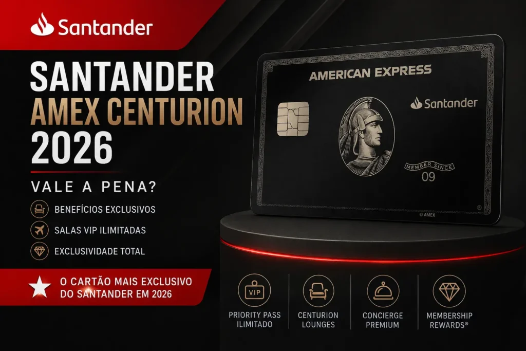 Santander Amex Centurion 2026 com benefícios exclusivos, salas VIP ilimitadas, Priority Pass e Centurion Lounges