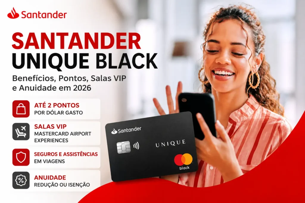 Santander Unique Black em 2026 com benefícios, pontos Esfera, salas VIP Mastercard Airport Experiences e anuidade.