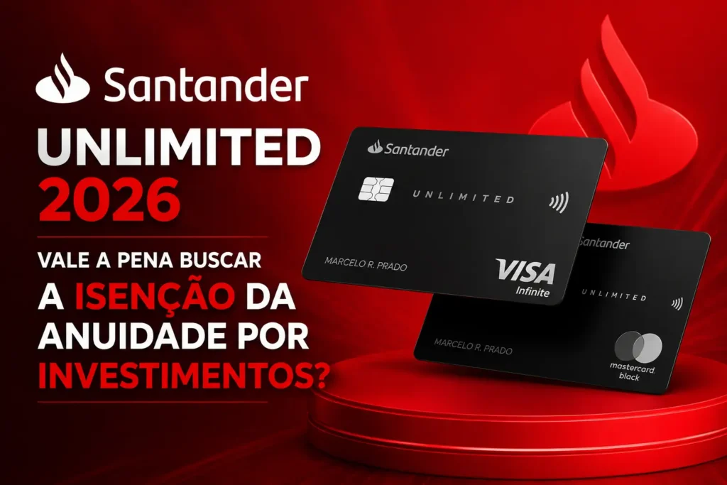 Cartões Santander Unlimited Visa Infinite e Mastercard Black com destaque para a análise da isenção da anuidade por investimentos em 2026.