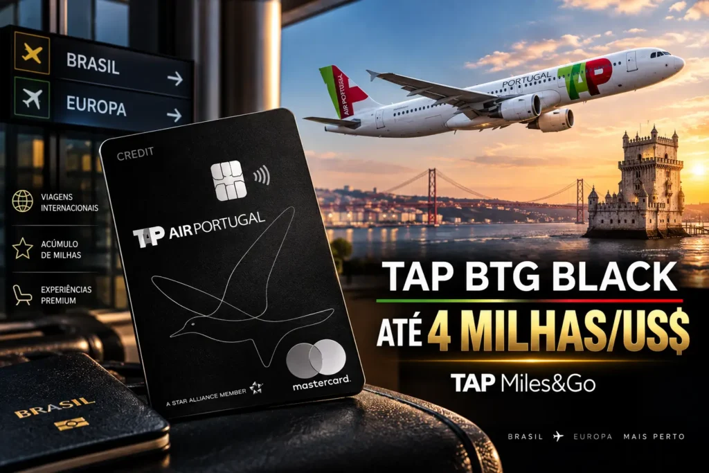 TAP BTG Pactual Mastercard Black com até 4 milhas por dólar, TAP Miles&Go e benefícios para viagens internacionais em 2026.