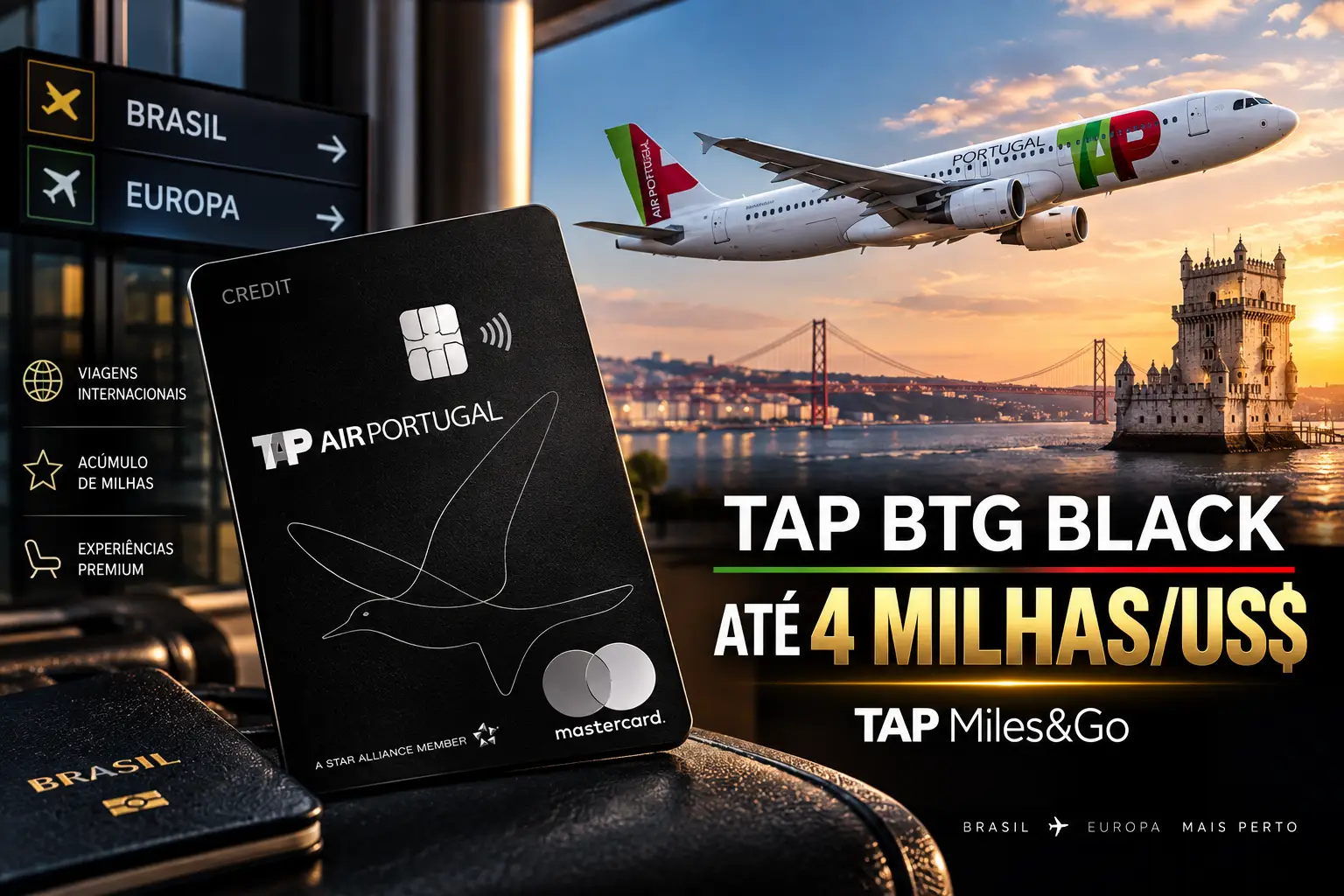 TAP BTG Pactual Mastercard Black com até 4 milhas por dólar, TAP Miles&Go e benefícios para viagens internacionais em 2026.