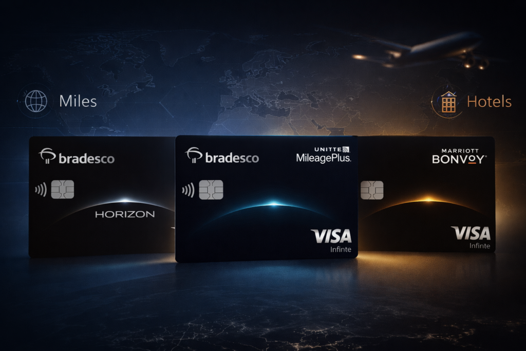 Cartões Bradesco Visa Infinite 2026 com foco em milhas internacionais e viagens premium