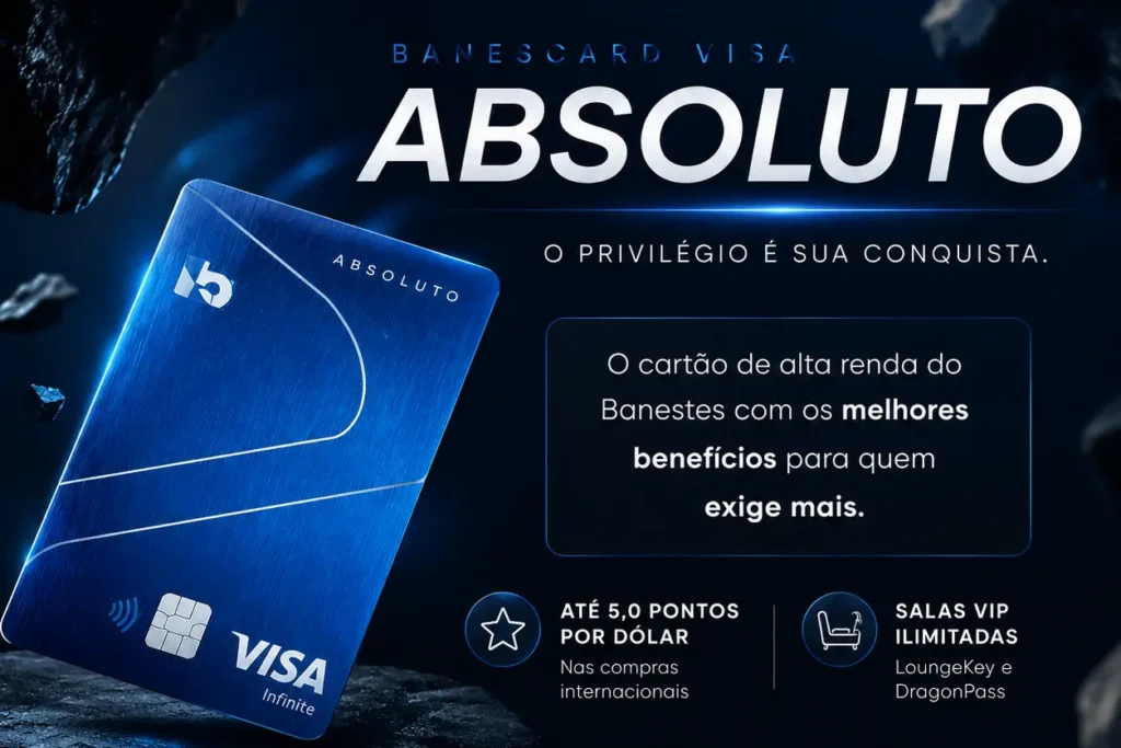 Cartão Banescard Absoluto Visa Infinite 2026 com destaque para benefícios premium, até 5 pontos por dólar, salas VIP ilimitadas e vantagens exclusivas para clientes de alta renda.