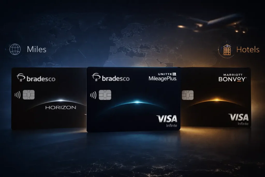 Cartões Bradesco Visa Infinite 2026 com foco em milhas internacionais e viagens premium