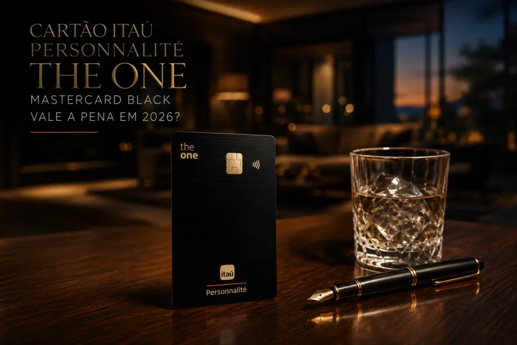 Cartão Itaú Personnalité The One Mastercard Black sobre mesa de madeira em ambiente premium representando os benefícios exclusivos do cartão em 2026.