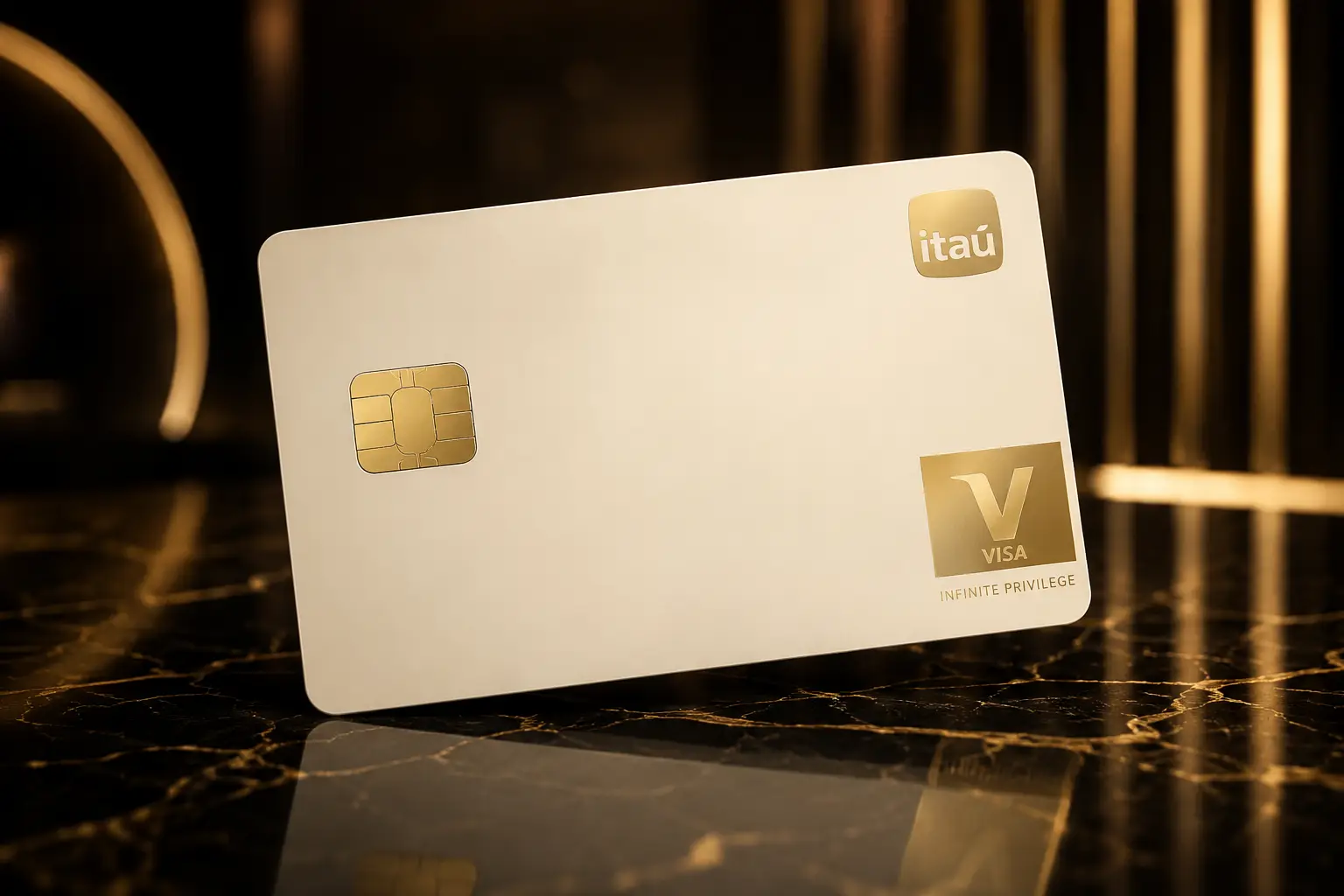 Cartão Itaú Visa Infinite Privilege com fundo premium escuro e detalhes dourados representando exclusividade e alta renda