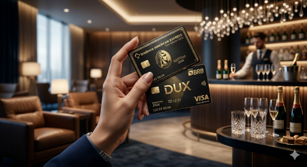 Cartões premium de crédito para acumular milhas em 2026, incluindo BRB DUX e American Express Centurion em ambiente de sala VIP