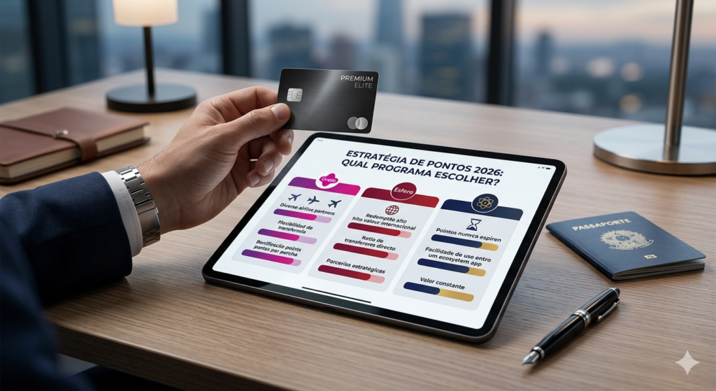 Imagem mostrando um usuário segurando um cartão de crédito premium enquanto analisa, em um tablet, diferentes estratégias de acúmulo de pontos e programas de milhas para 2026. A tela apresenta comparações entre programas como Livelo, Esfera e opções com pontos que não expiram, destacando critérios como transferências, parceiros e valor dos pontos.