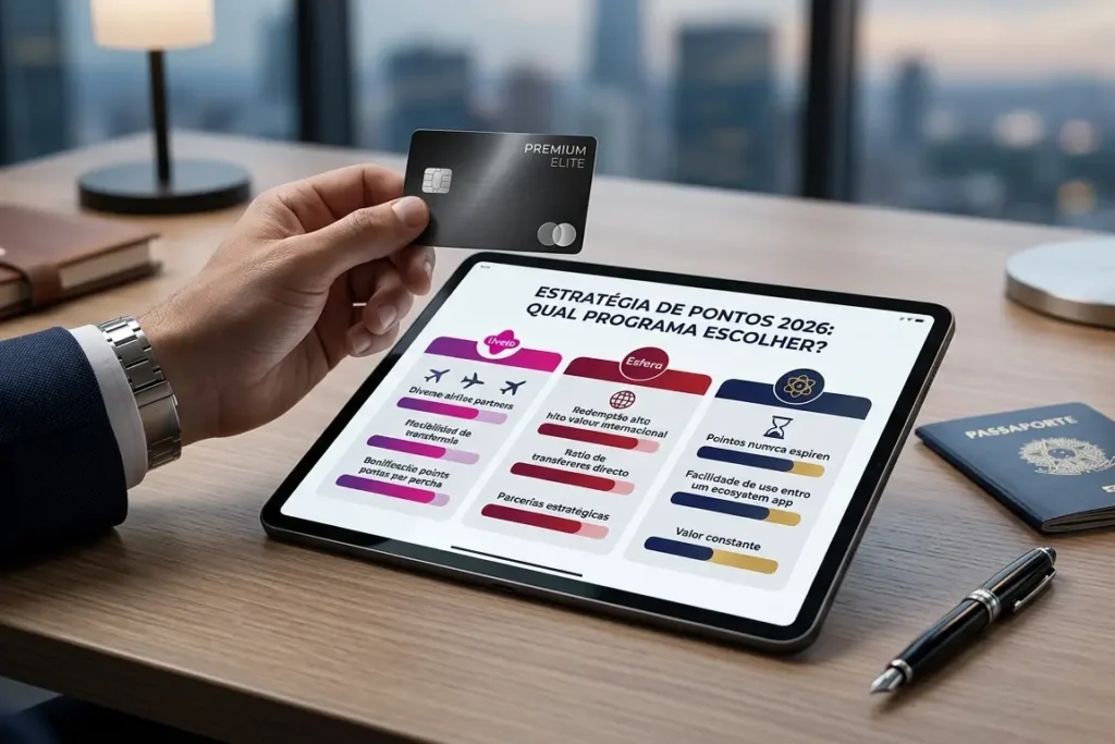 Pessoa segurando cartão de crédito premium enquanto analisa estratégia de pontos e programas de milhas em tablet