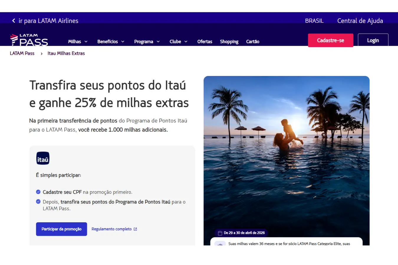Transferência de pontos Itaú para LATAM Pass com 25% de bônus em milhas extras em 2026