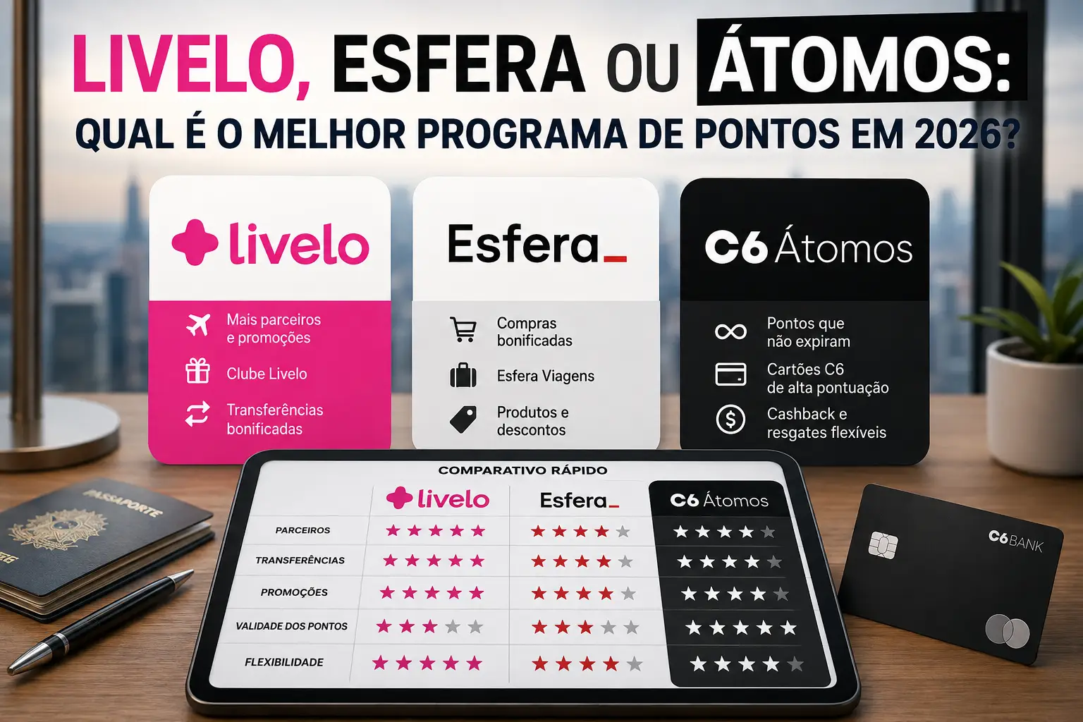 Comparativo Livelo, Esfera e C6 Átomos para descobrir o melhor programa de pontos em 2026.
