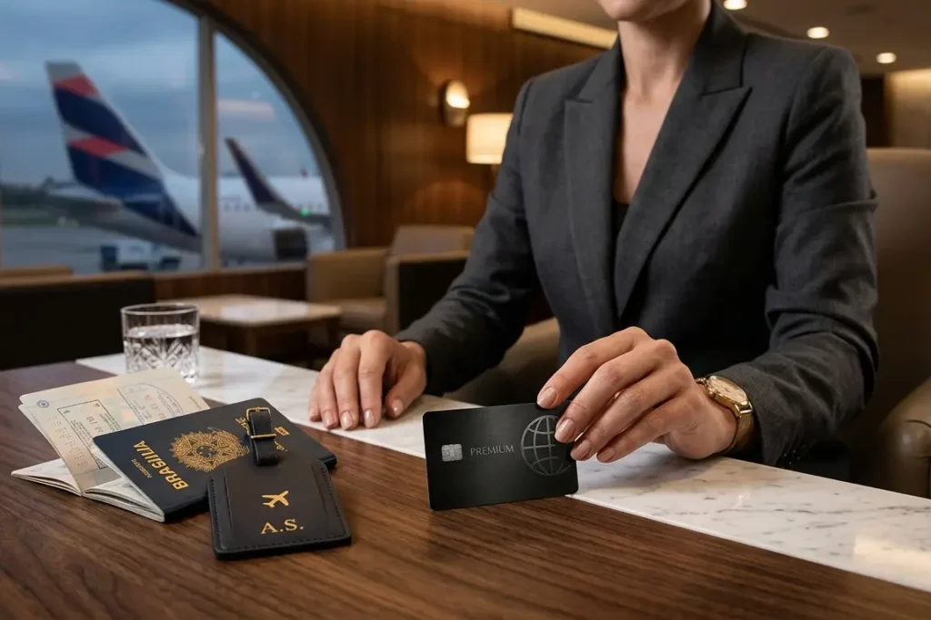 Comparação entre milhas e cashback em cartões de crédito premium com gráfico de crescimento e elementos de viagem e dinheiro